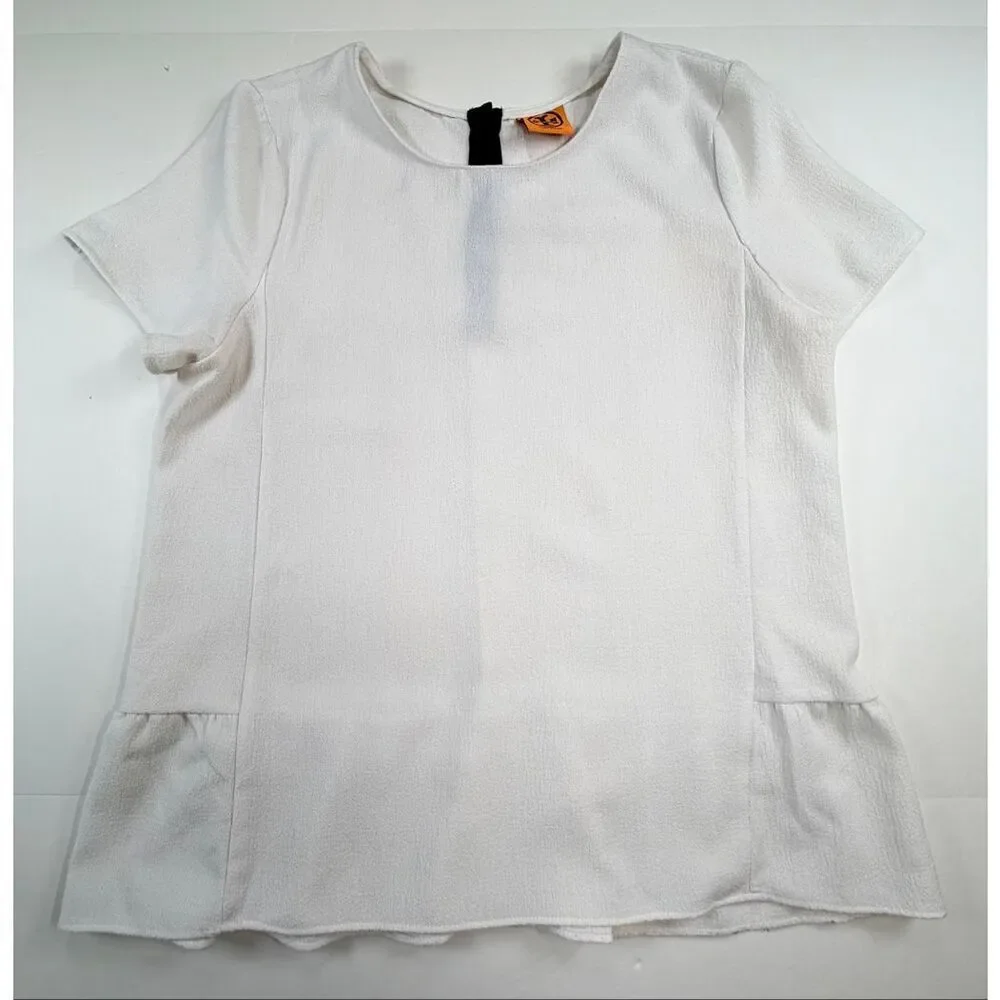 Tory Burch Ivory Back Ruffle Blouse Short Sleeve Textured Top Women Size Large *